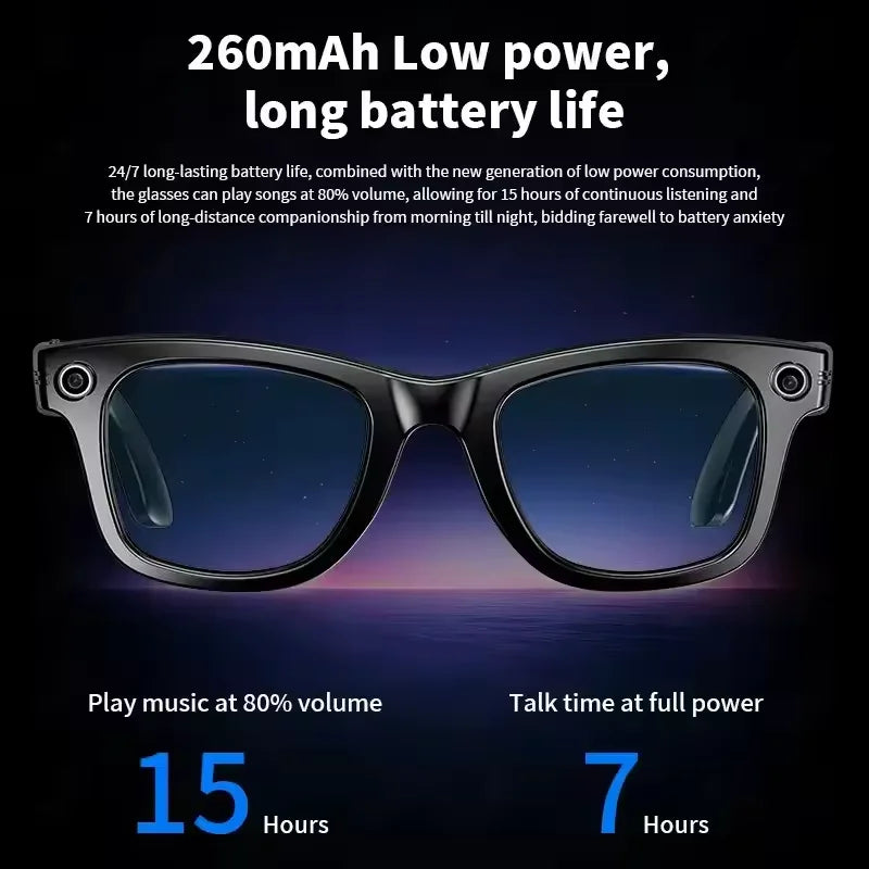 Blue light blocking smart glasses by Corporación Turística with HD camera, antivibration features, designed for enhanced visual comfort.