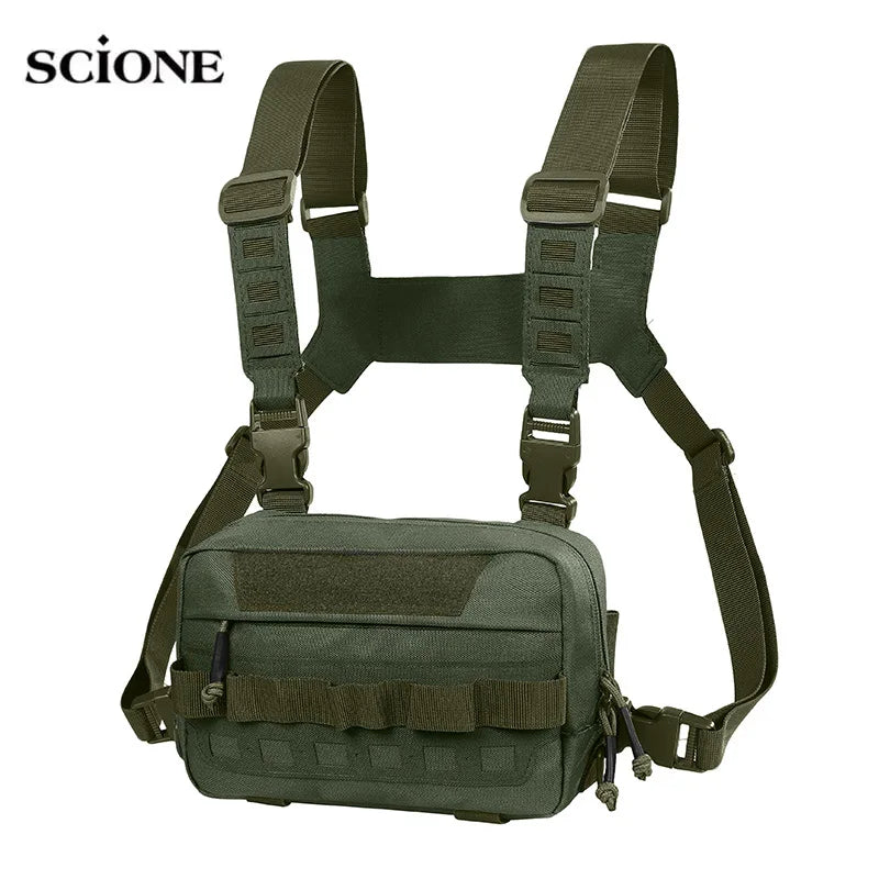 Tactical camping vest for men with multiple pockets, paired with a green backpack, suitable for outdoor adventures.