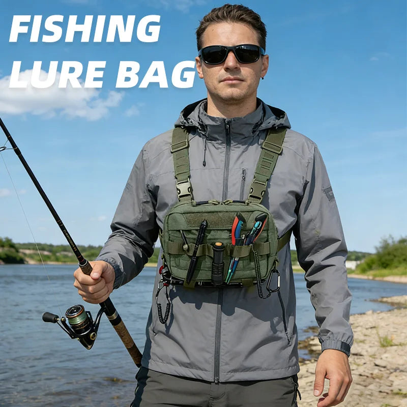 Green tactical camping vest for men with multiple pockets, paired with a durable backpack, designed for outdoor adventures.