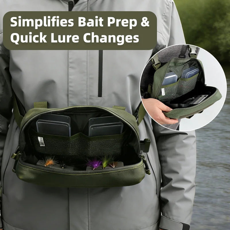 Tactical camping vest for men with multiple pockets, paired with a green backpack, suitable for outdoor adventures and hiking.