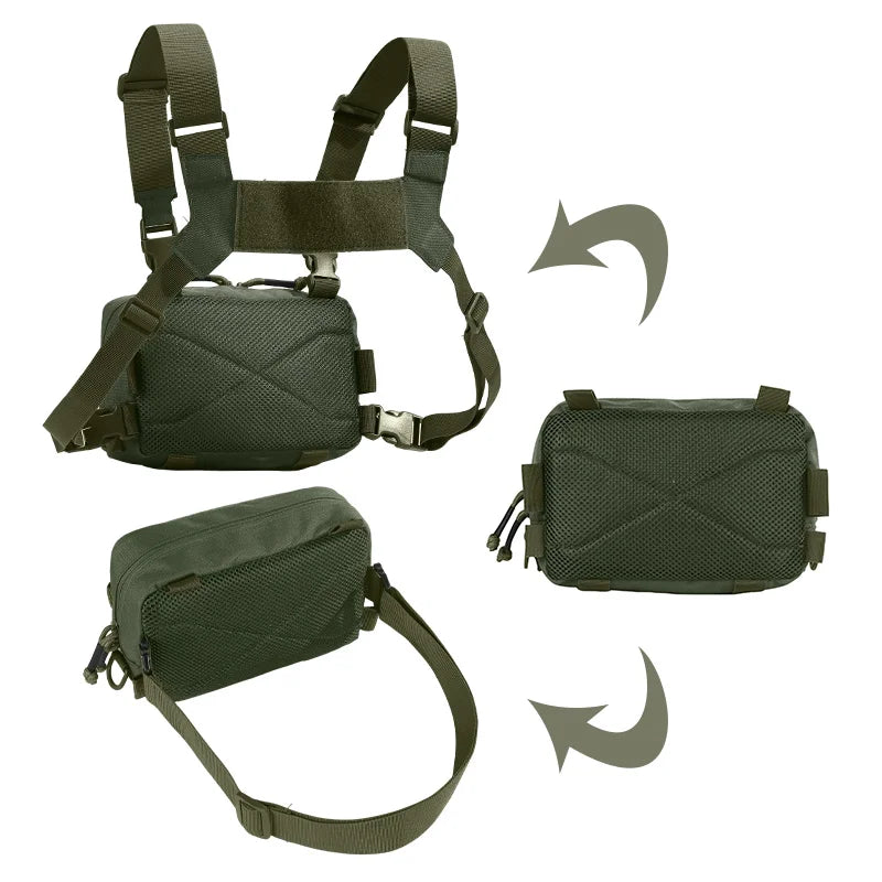 Green tactical camping vest for men with multiple pockets, paired with a matching backpack, ideal for outdoor adventures.