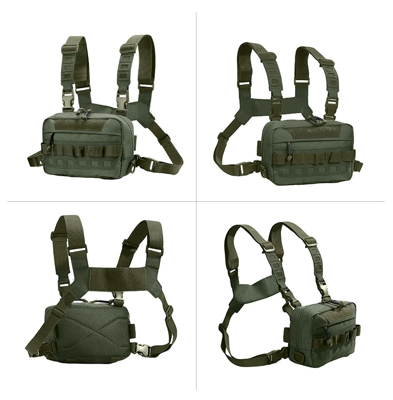 Green tactical camping vest for men with multiple pockets, paired with a durable backpack for outdoor adventures.