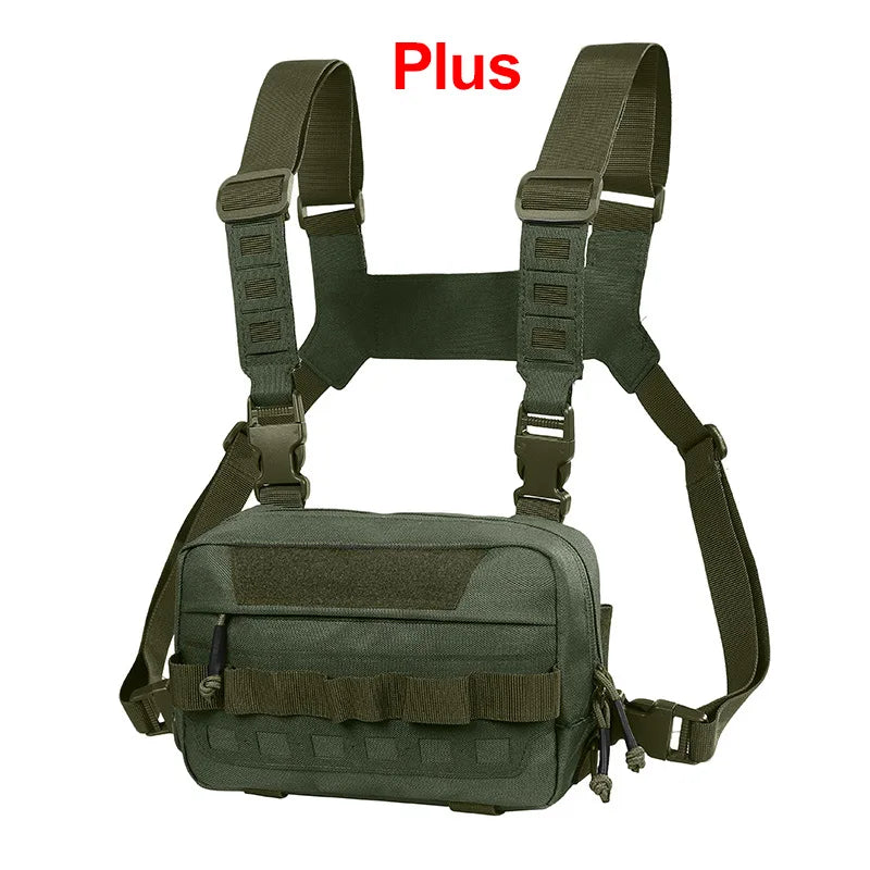 Green tactical camping vest for men with multiple pockets, paired with a hiking backpack, ideal for outdoor adventures.