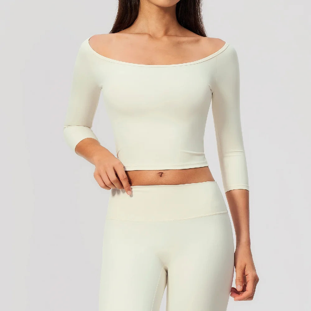 Black women's short-sleeve yoga sports T-shirt by Corporación Turística, made from breathable fabric for active wear.