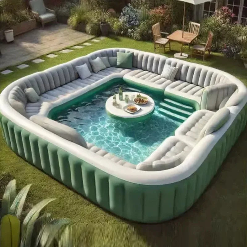 Inflatable pool with floating bar, wrap-around sofa, and beverage bar, ideal for outdoor relaxation by Corporación Turística.