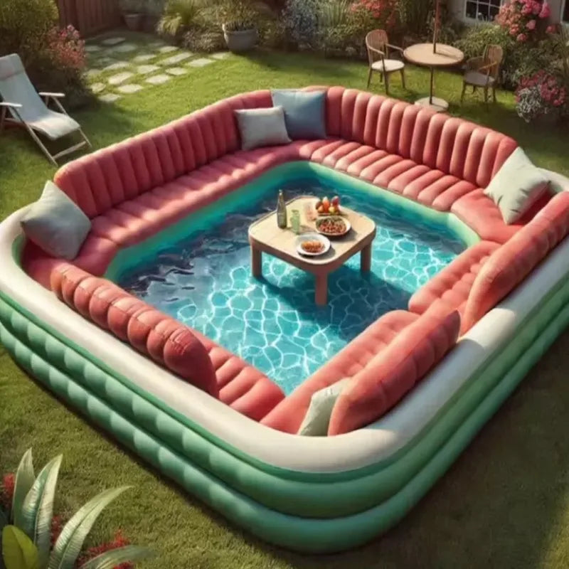 Inflatable pool with floating bar and wrap-around sofa, ideal for relaxing outdoor summer fun.