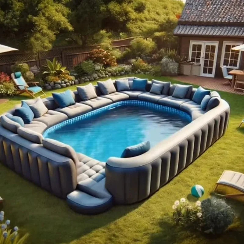 Inflatable swimming pool with floating bar, wrap-around sofa, and surrounding barriers by Corporación Turística.