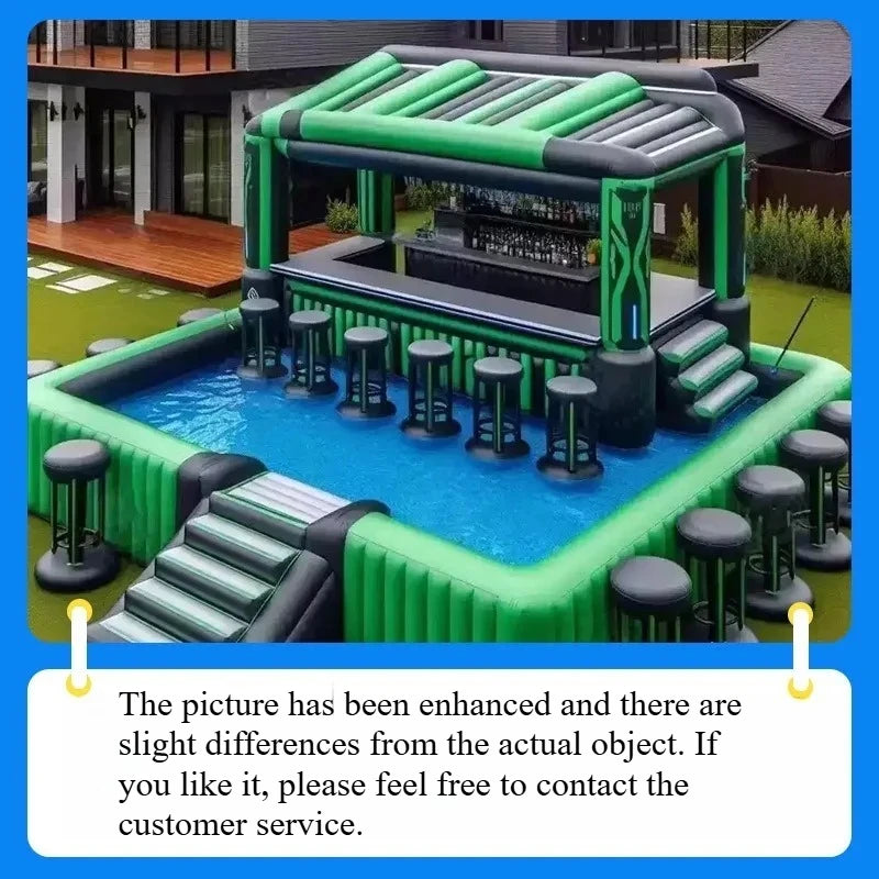 Inflatable pool with floating bar, wrap-around sofa, and surrounding barriers, ideal for outdoor relaxation and pool parties.