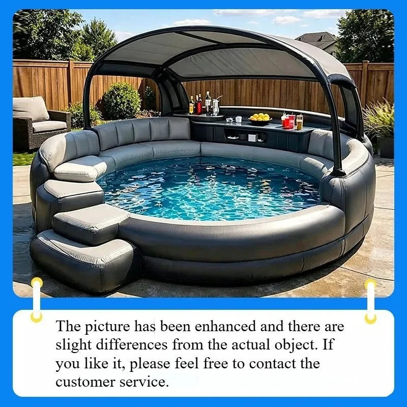 Inflatable pool with floating bar and wrap-around sofa, ideal for relaxing summer outdoor fun, by Corporación Turística.