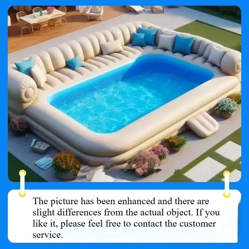 Inflatable swimming pool with floating bar, wrap-around sofa, and built-in features for outdoor relaxation by Corporación Turística.
