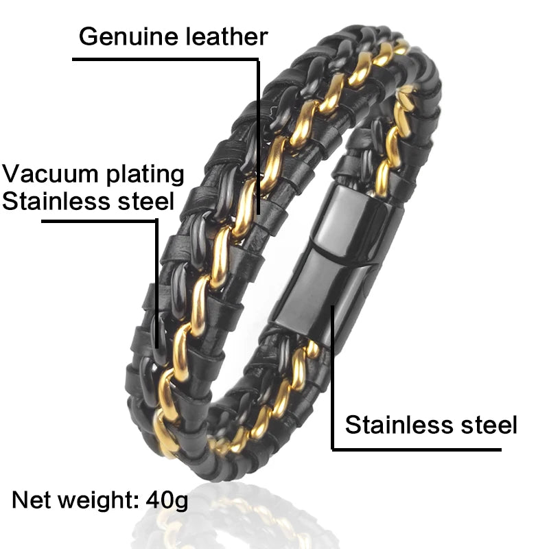 Genuine leather men's bracelet with chain design and clasp, woven style in black, 18.5 cm length, from Corporación Turística.