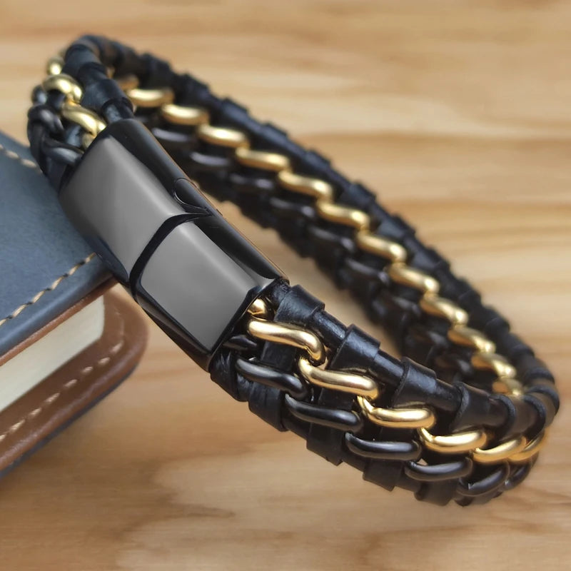Leather chain bracelet for men with clasp, genuine leather, woven design, approximately 18.5 cm, from Corporación Turística.