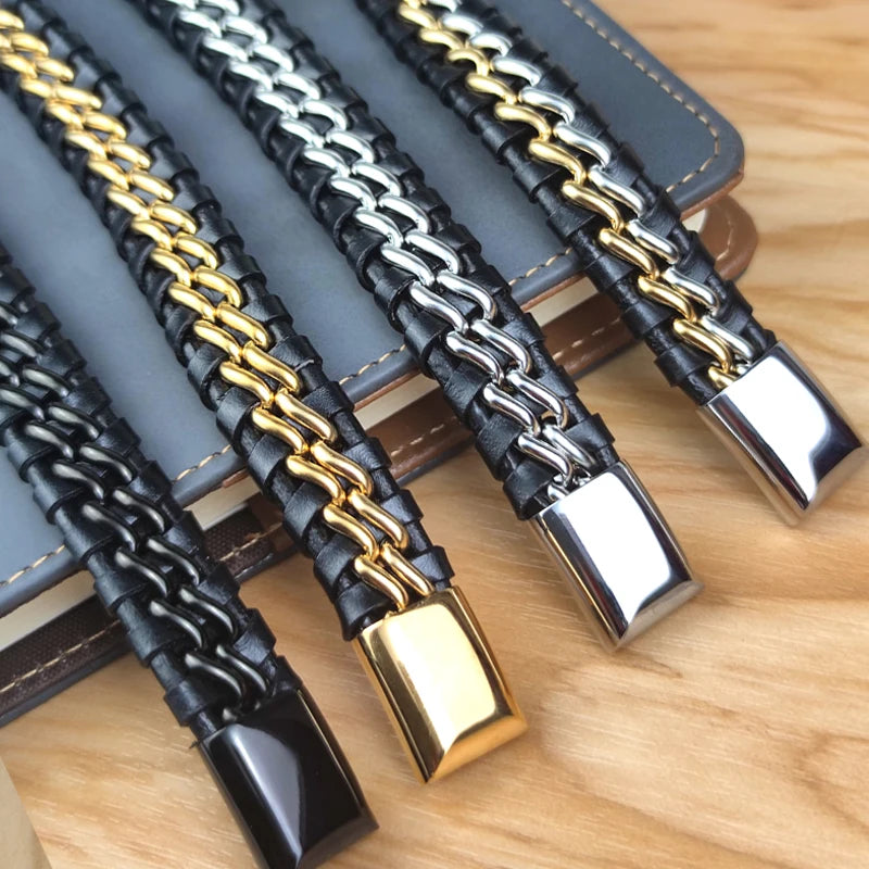 Genuine leather men's chain bracelet with clasp, woven design, 18.5 cm length, by Corporación Turística.
