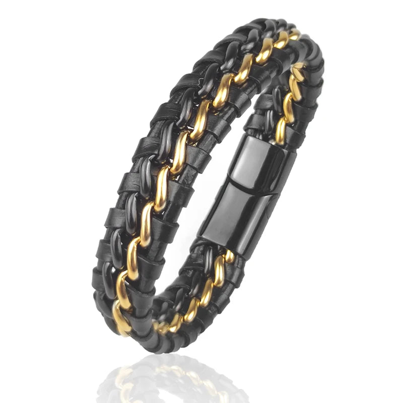 Leather chain bracelet for men with clasp, genuine leather woven design, 18.5 cm length, by Corporación Turística.