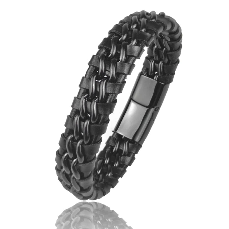 Leather bracelet for men with chain design and metal clasp, genuine leather strap, woven style, 18.5 cm length.