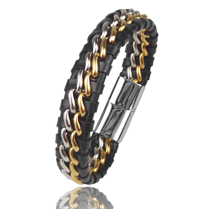 Leather chain bracelet for men with clasp, genuine leather woven design, 18.5 cm, from Corporación Turística.