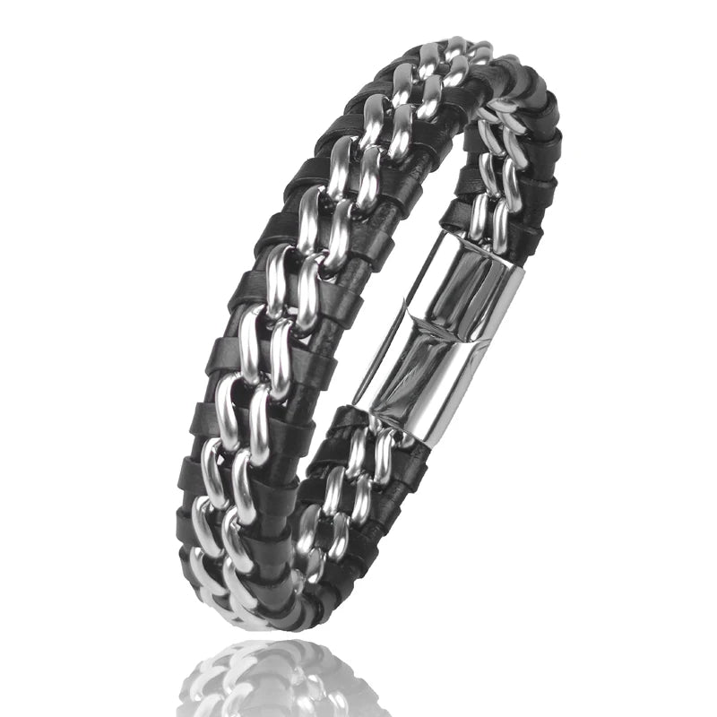 Leather bracelet for men with chain design and clasp, featuring woven genuine leather from Corporación Turística.