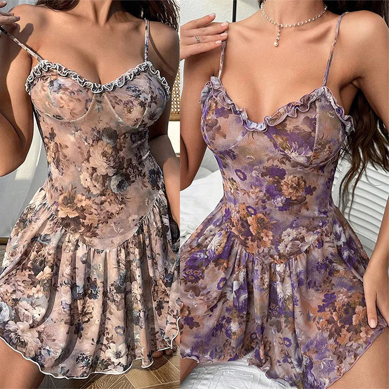 Purple floral camisón camisola with mini skirt and lace details, stylish and sexy sleepwear by Corporación Turística.