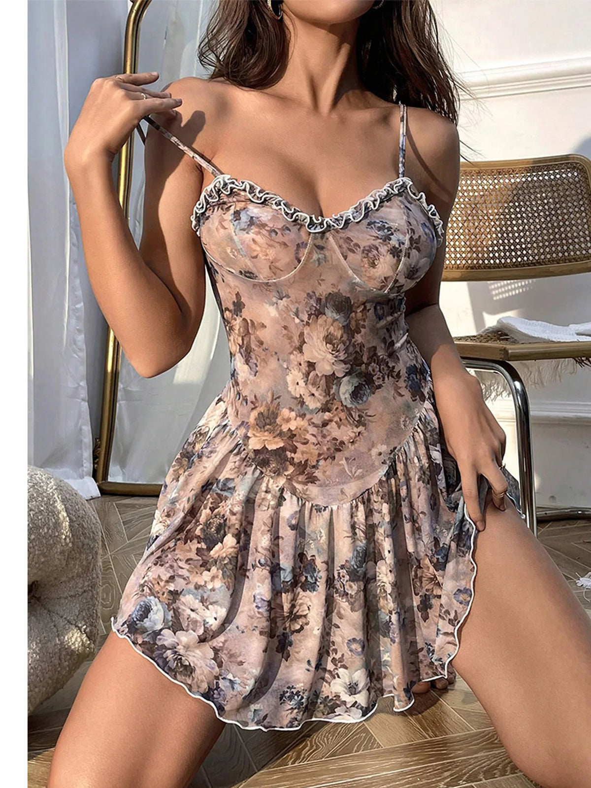 Purple floral camisón camisola with mini skirt and lace details, featuring a sexy, feminine design from Corporación Turística.