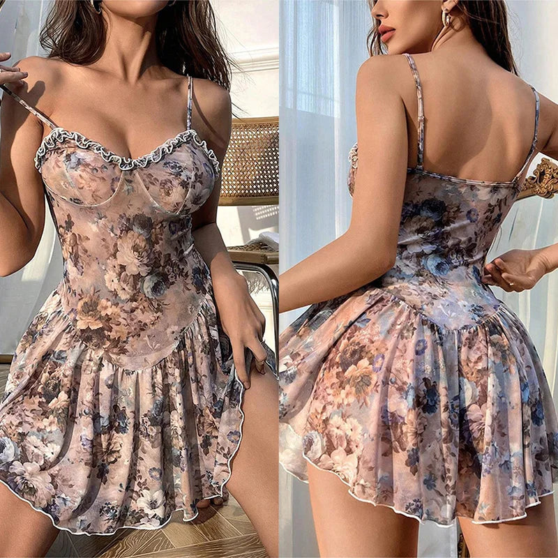 Purple floral camisón with lace and mini skirt, sexy sleepwear by Corporación Turística featuring a delicate design and comfortable fit.