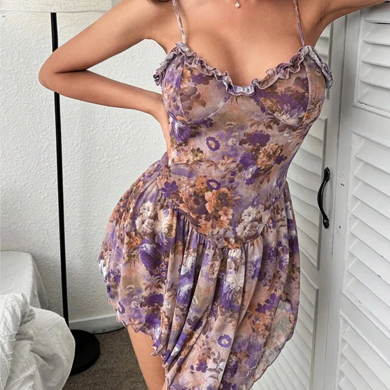 Purple floral camisón with mini skirt and lace details, sexy camisola by Corporación Turística, perfect for elegant loungewear.