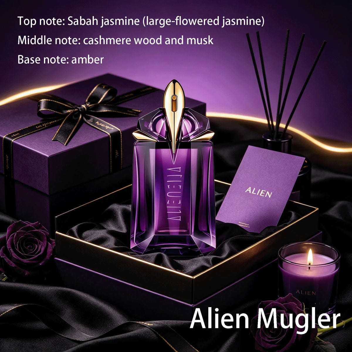 Perfume para mujer Alienne de 100ml en botella púrpura, con notas de apertura, de la marca Corporación Turística.