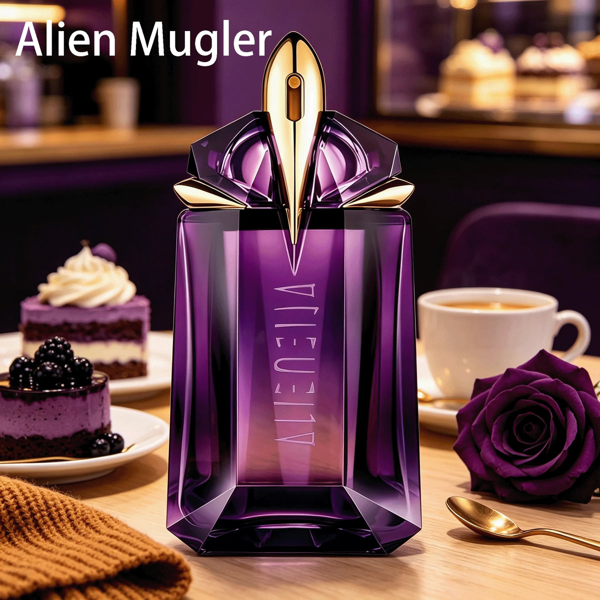 Perfume para mujer Alienne de Corporación Turística, 100ml, con notas de apertura, en envase con diseño en color púrpura.