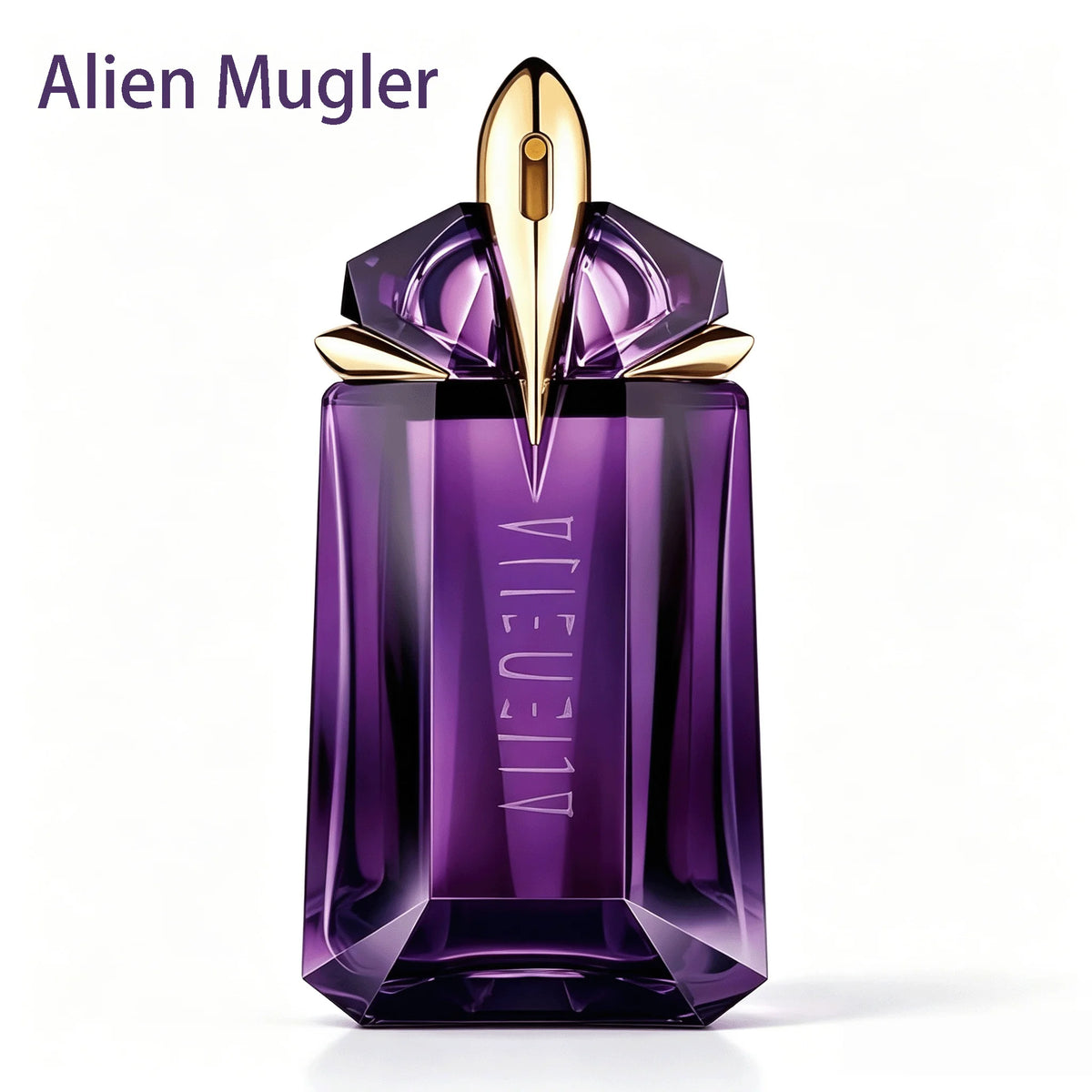 Perfume para mujer Alienne de Corporación Turística, 100ml, con notas de apertura en una botella elegante color púrpura.