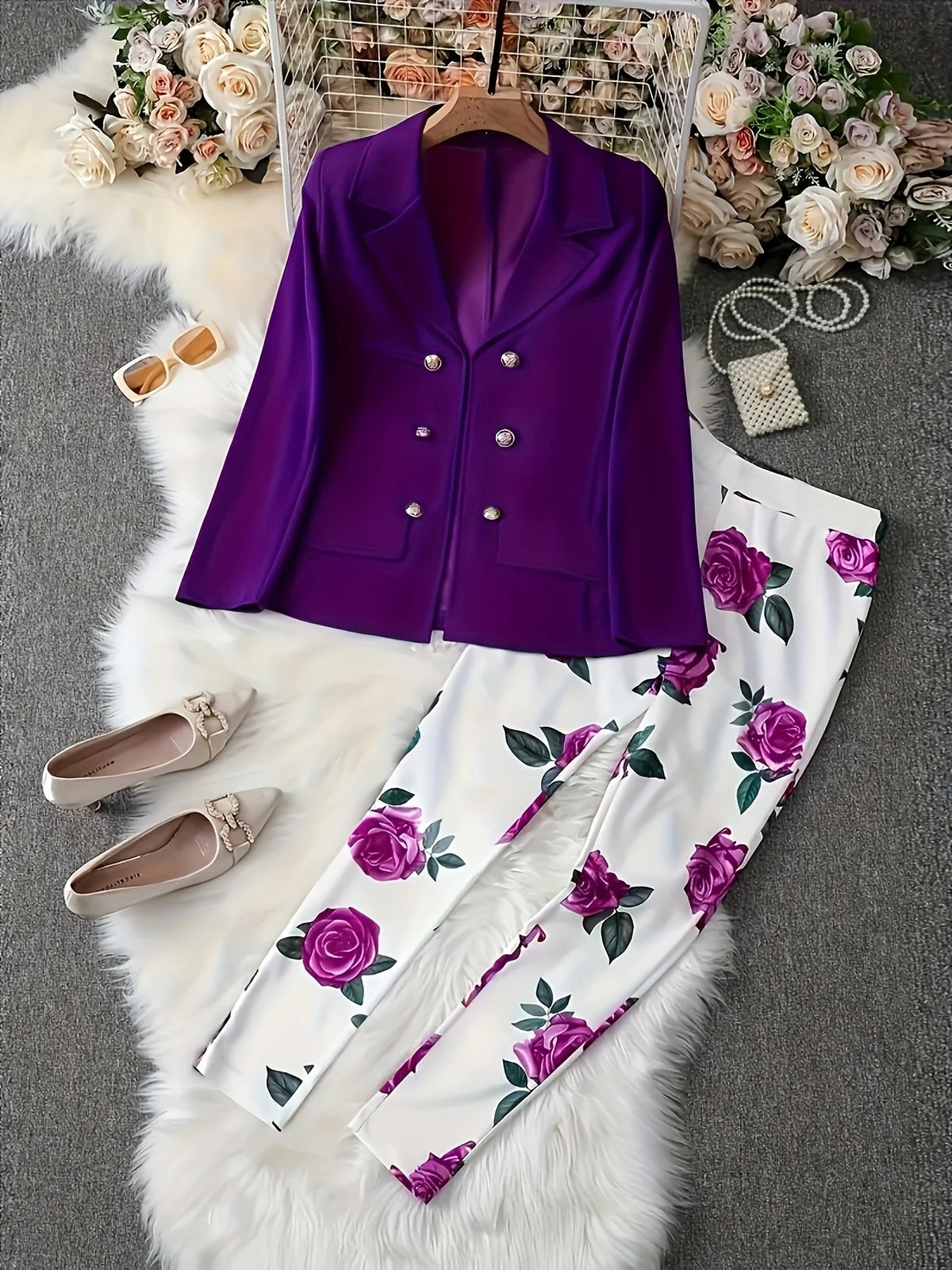 Elegant two-piece fashion set with lapel, featuring a sophisticated style in vibrant purple from Corporación Turística.