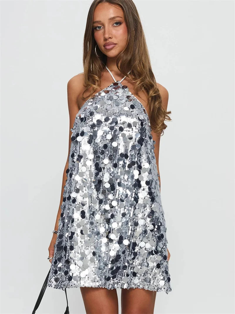 Halter mini dress for women by Corporación Turística, purple with shiny, sparkling fabric and a stylish fit.