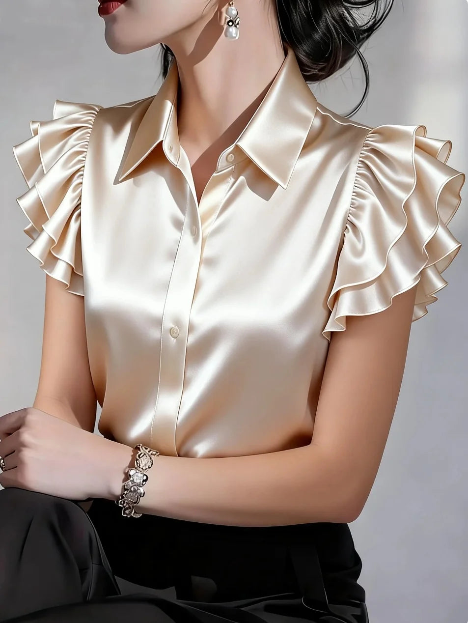 Elegant satin blouse for women with button details, in a rich purple color, from Corporación Turística.