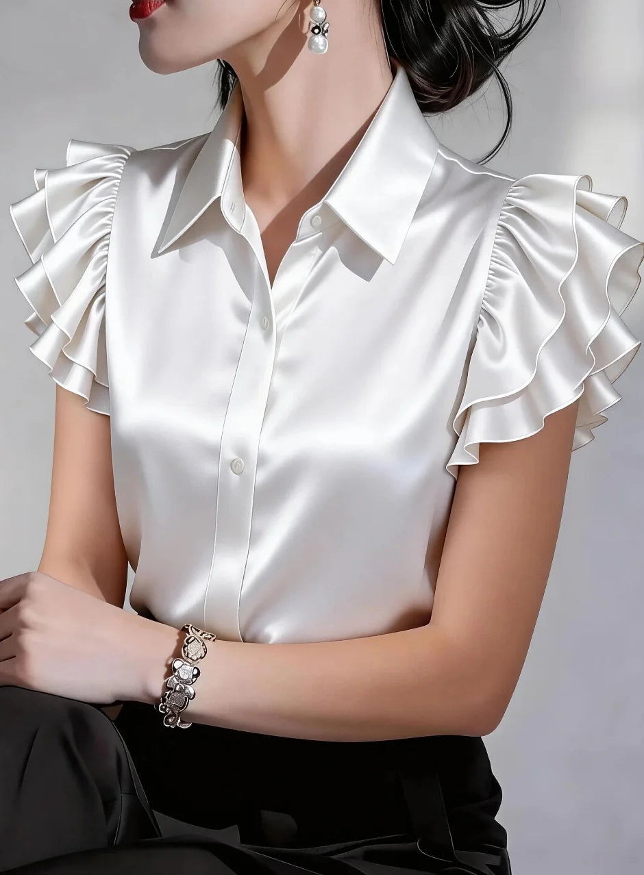 Elegant women's satin blouse with buttons, in purple, by Corporación Turística, featuring a stylish and sophisticated design.