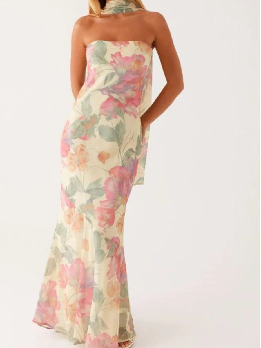 Elegant purple long fitted dress for women with a matching scarf, designed by Corporación Turística.