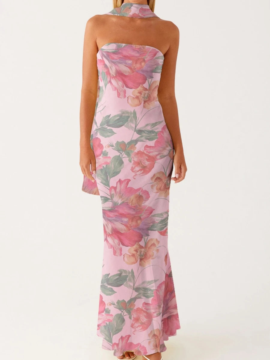 Elegant purple women's long fitted dress with matching scarf, designed by Corporación Turística, shown on a model.