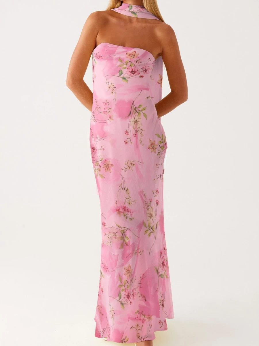 Elegant purple women's long fitted dress with matching scarf, designed by Corporación Turística, perfect for formal occasions.