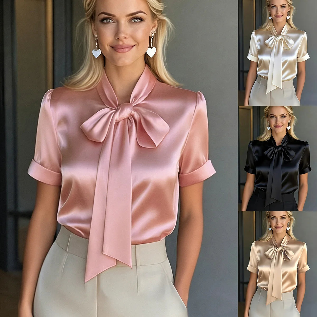 Short sleeve satin tie blouse in apricot color by Corporación Turística, featuring a stylish design and elegant fit.