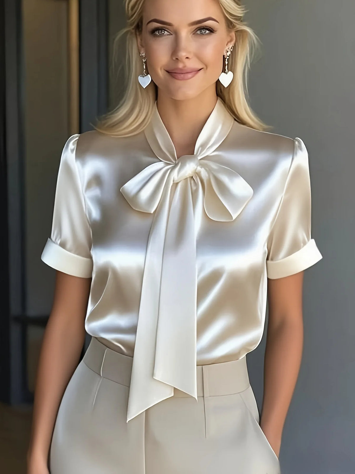 Apricot short sleeve satin blouse with bow detail from Corporación Turística, stylish and elegant for modern fashion.