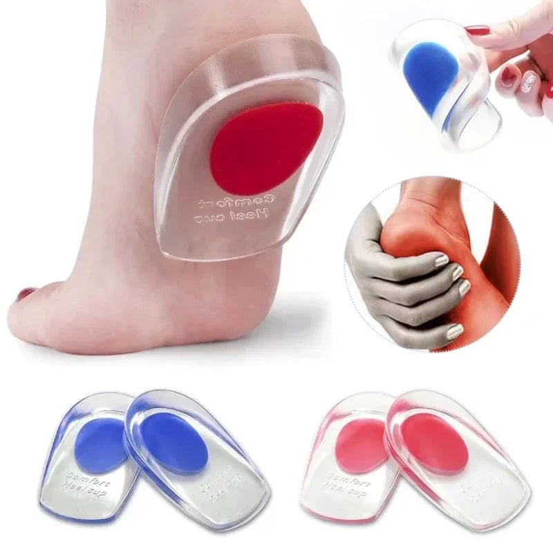 Pair of silicone gel insoles by Corporación Turística, cushioned foot support for pain relief, with a hollow design for comfort.