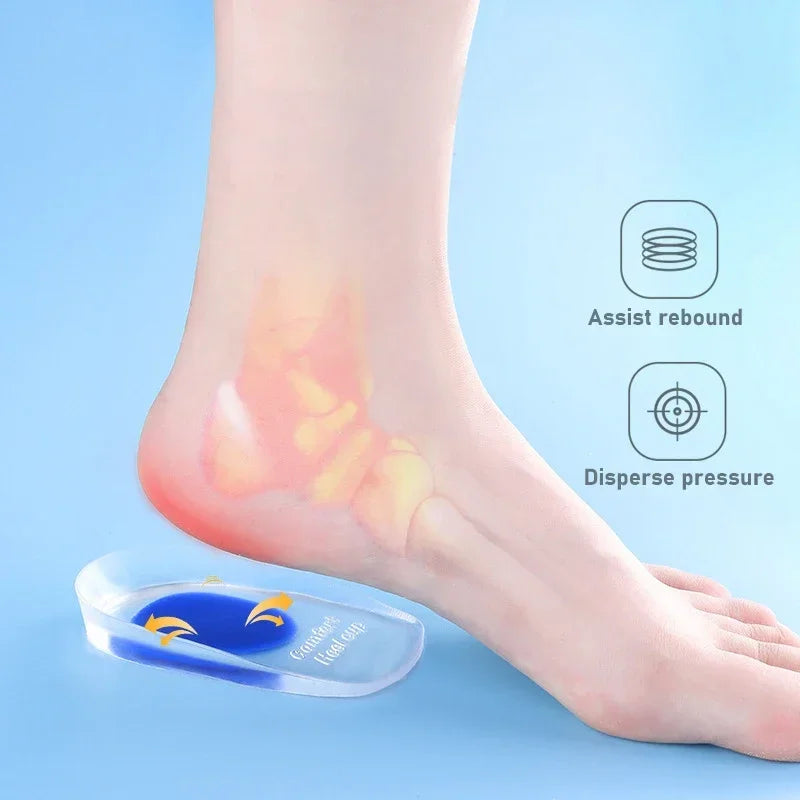 Silicone gel insoles with cushioning for pain relief, designed for comfort in EU shoe sizes 39 to 46, by Corporación Turística.