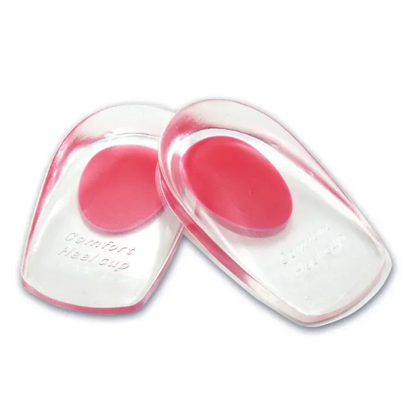 Silicone gel plantar insoles with heel cushion for pain relief, suitable for shoe sizes EU 39-46, by Corporación Turística.