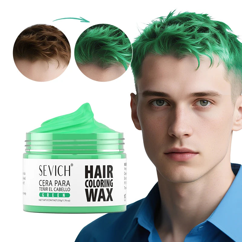 Color hair wax for Halloween in 13 vibrant shades, 50g, by Corporación Turística, showing bright, colorful hair styled for Halloween.