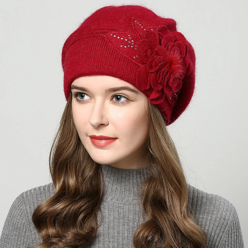 Tejido de boina de conejo para mujer en lana, en color rojo, con tamaño 54-60cm, estilo cálido y elegante.