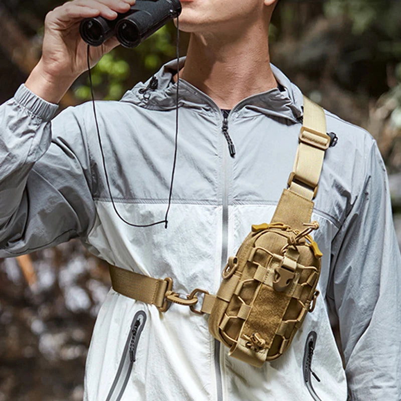 Tactical chest bag with adjustable sling, front pocket, and durable material for outdoor and tactical use.