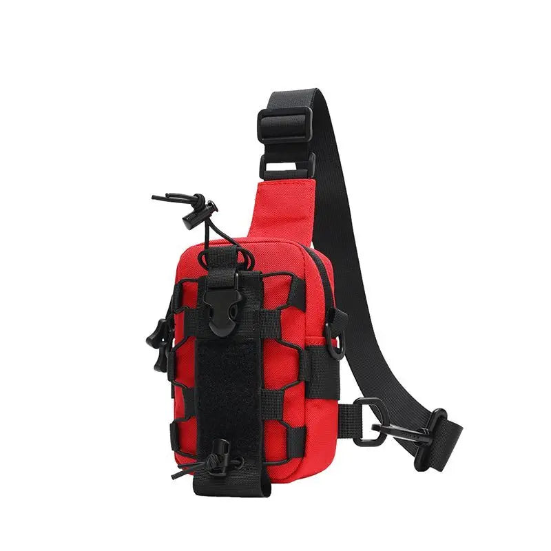 Tactical chest bag with front pouch and adjustable strap, designed for outdoor or tactical use, by Corporación Turística.