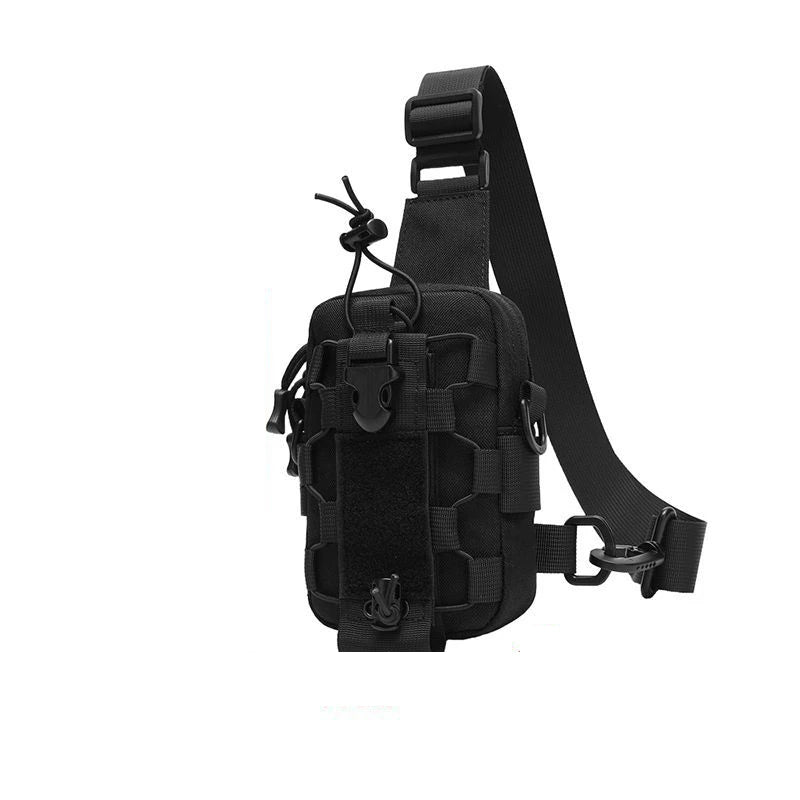 Front view of military-style tactical chest bag with adjustable sling and multiple compartments, ideal for outdoor activities.