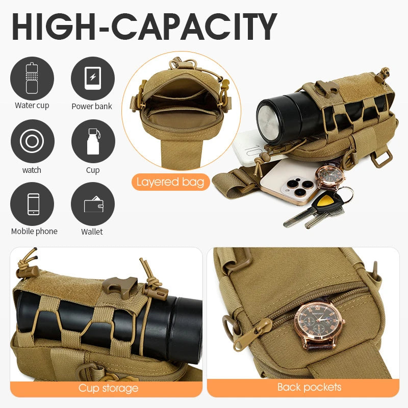 Tactical chest bag with front pocket and adjustable strap, designed for convenient carrying and storage.