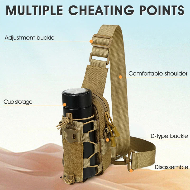 Tactical chest bag with adjustable strap and multiple compartments, designed for outdoor and tactical use.