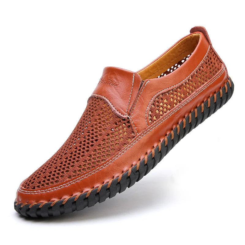 Brown genuine leather men's sports sneakers from Corporación Turística, featuring a comfortable athletic design and durable construction.