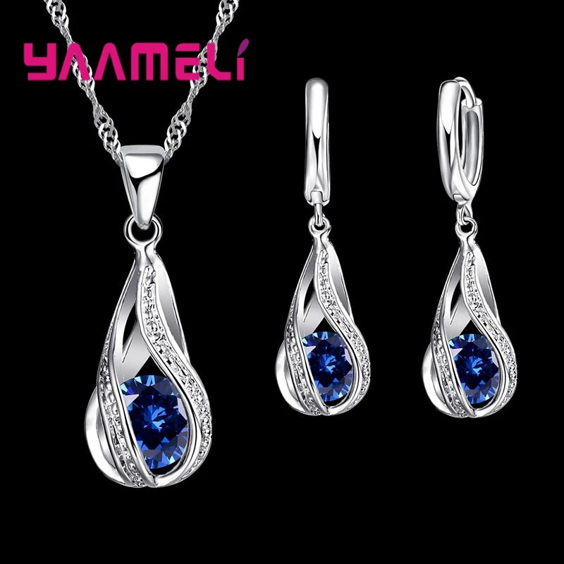 Silver CZ 925 jewelry set with a water drop design, featuring a necklace and earrings, plated in gold for a stylish look.