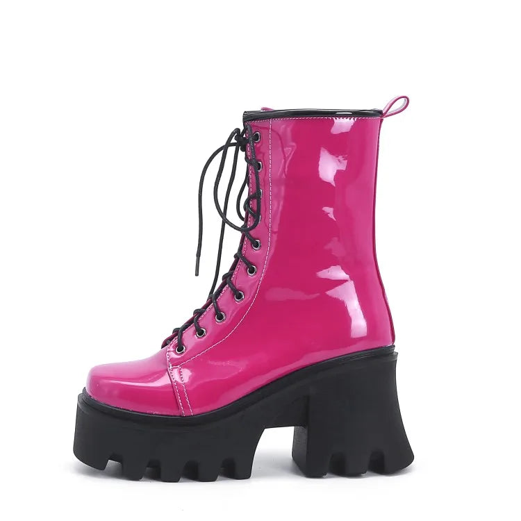 Red goth punk boots for women by LeShion of Chanmeb, featuring chunky heels and lace-up design in a high-quality leather finish.